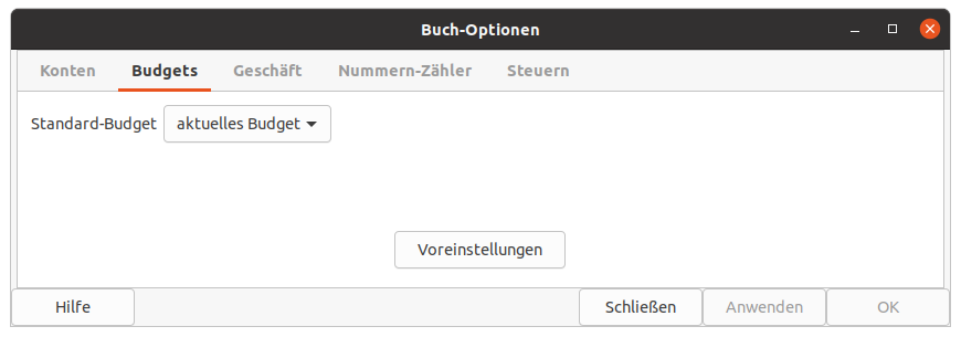 Der Reiter „Budgets“ im Fenster der Buch-Optionen