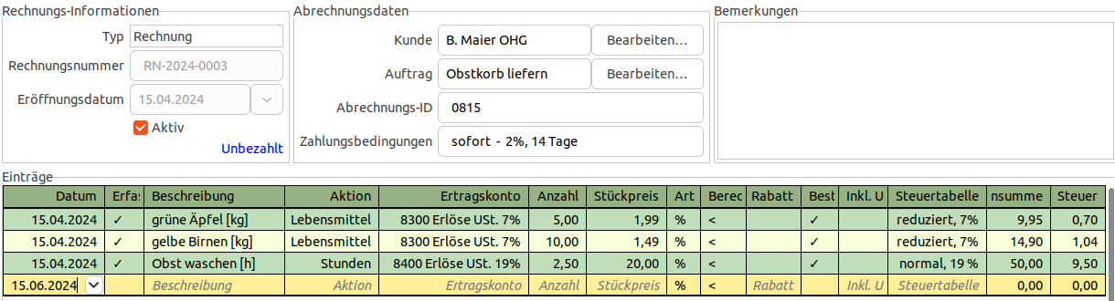 Die Rechnung bearbeiten