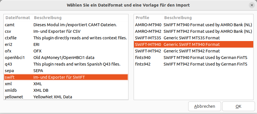 Dateiformate zum Import mit AqBanking
