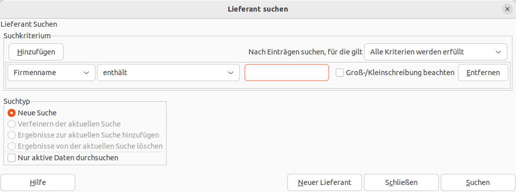 Der Dialog zur „Suche von geschäftlichen Elementen“